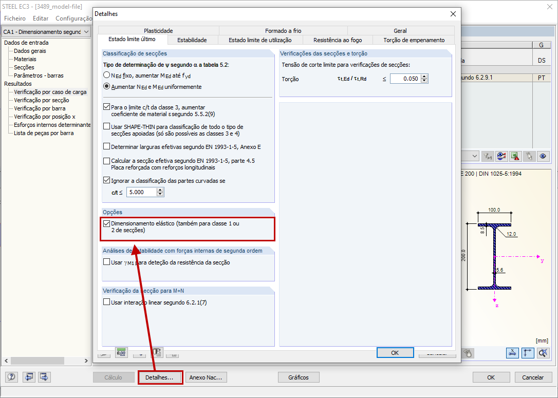 Opção "Dimensionamento elástico"