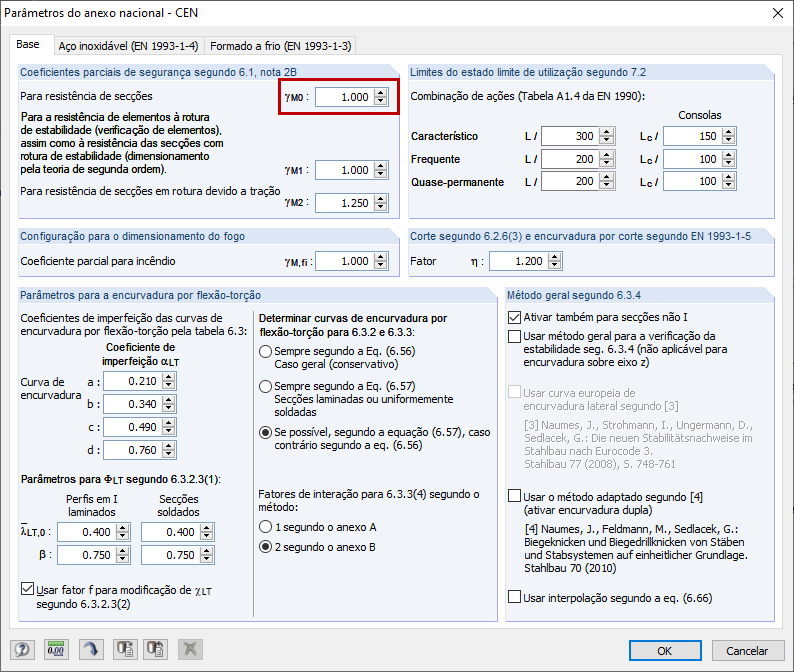 Coeficientes parciais de segurança para resistência de secções