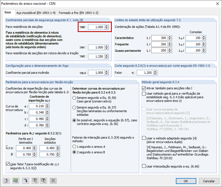 Coeficientes parciais de segurança para resistência de secções