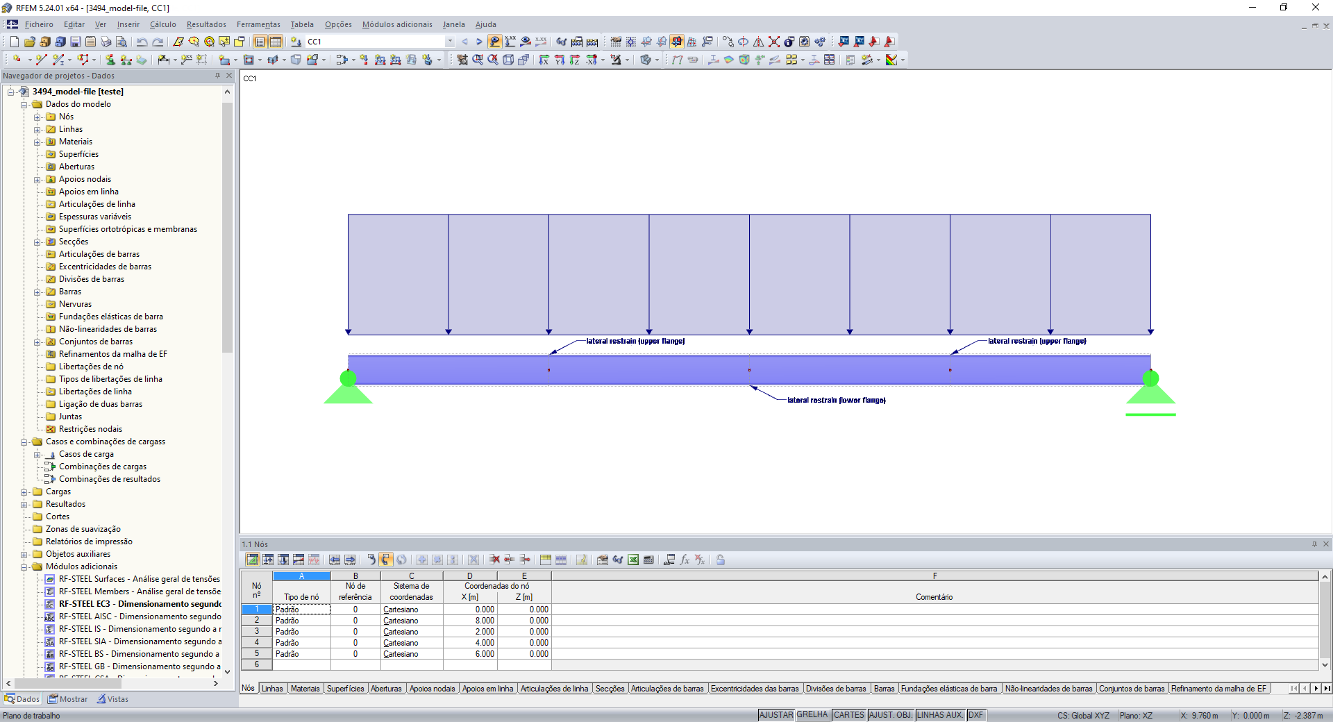 Modelo RFEM com disposição dos apoios laterais