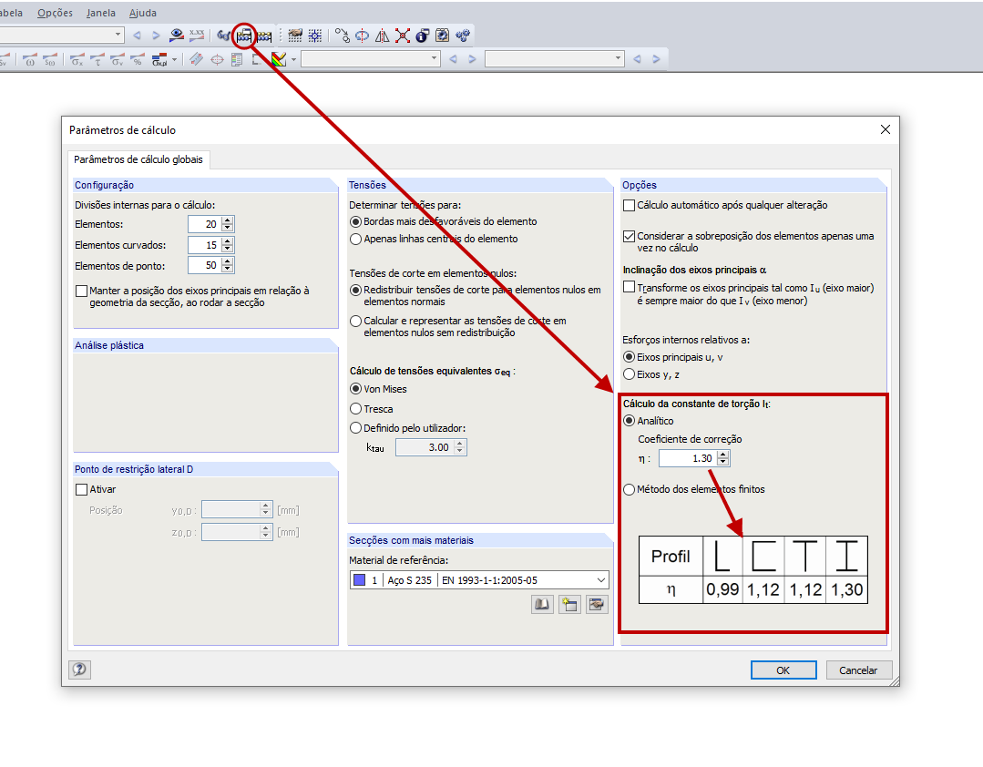 Parâmetros de cálculo para determinar a constante de torção