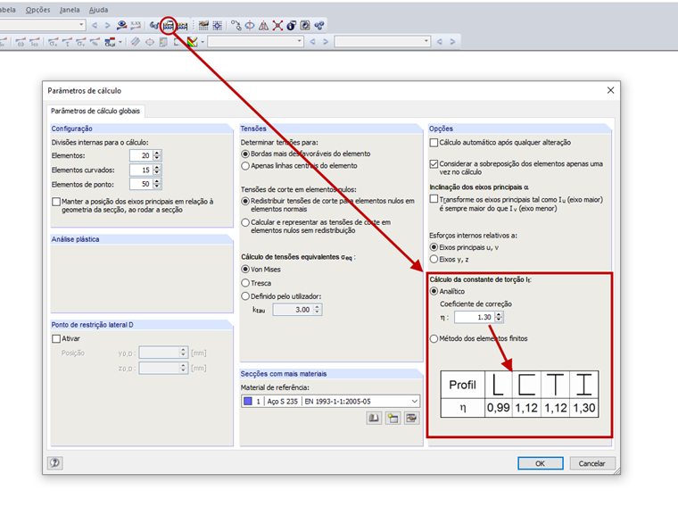 Parâmetros de cálculo para determinar a constante de torção