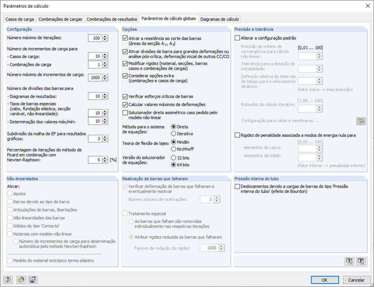 Configuração dos incrementos de carga