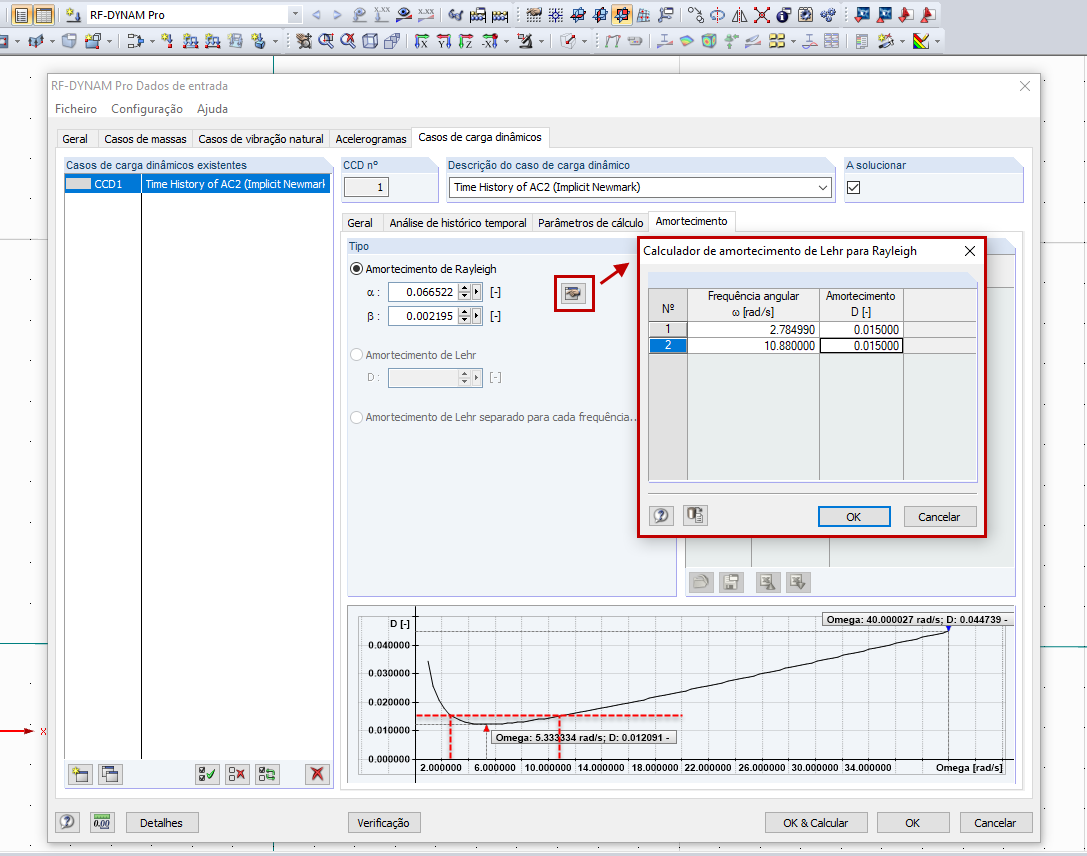Calculador de amortecimento de Lehr para coeficientes de Rayleigh