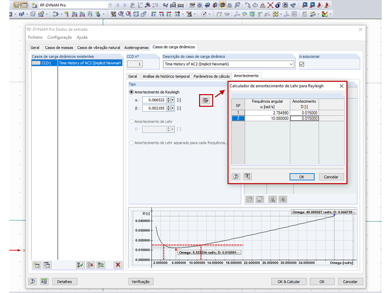 Calculador de amortecimento de Lehr para coeficientes de Rayleigh