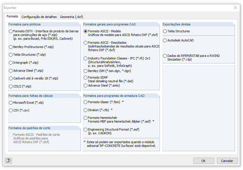 Interfaces de exportação no RFEM