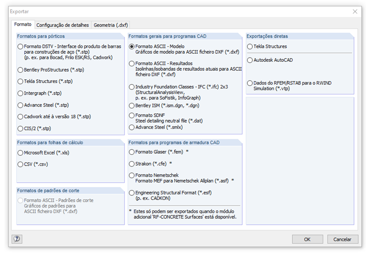 Interfaces de exportação no RFEM