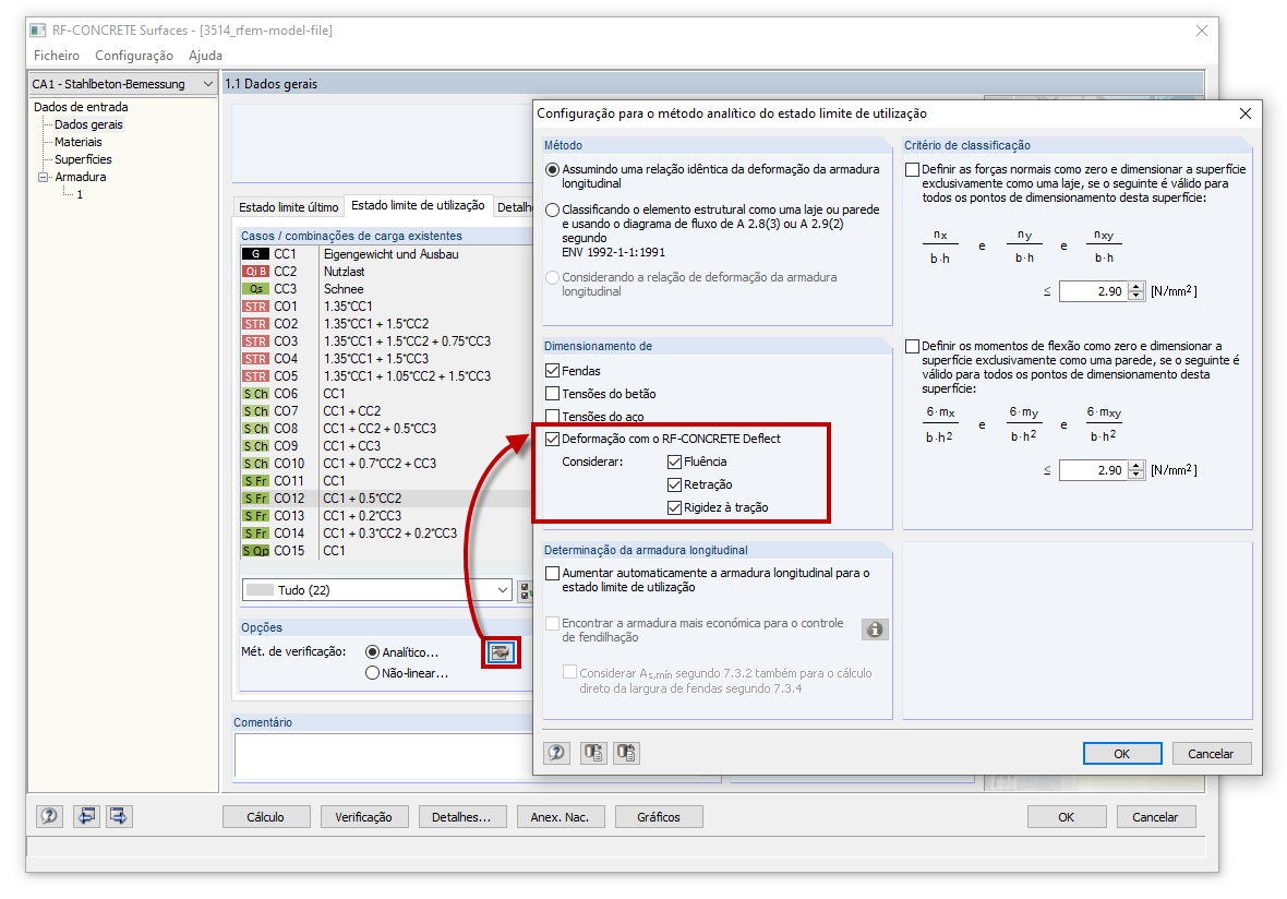 Consideração da fluência e retração no exemplo do RF-CONCRETE Deflect