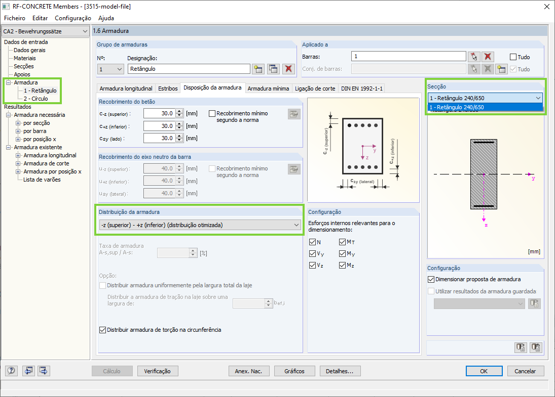 Secção circular e retangular em grupos de armadura separados