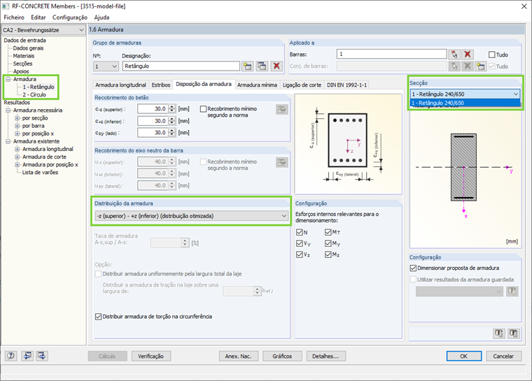 Secção circular e retangular em grupos de armadura separados