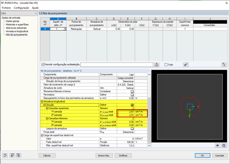 Armadura longitudinal na janela 1.5 Nós de punçoamento