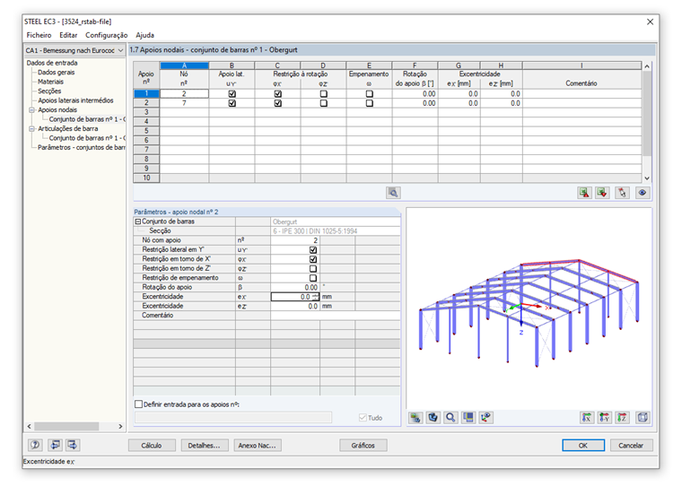 Janela 1.7 Apoios nodais – conjunto de barras