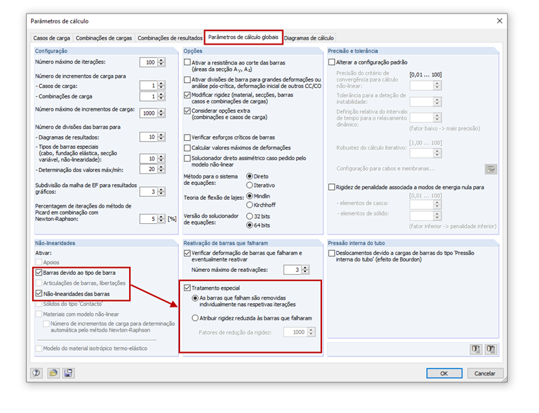 Tratamento especial de barras nos parâmetros de cálculo globais