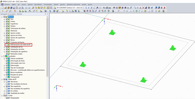 Navegador de projetos – Mostrar com a visualização do refinamento da malha de EF desativada