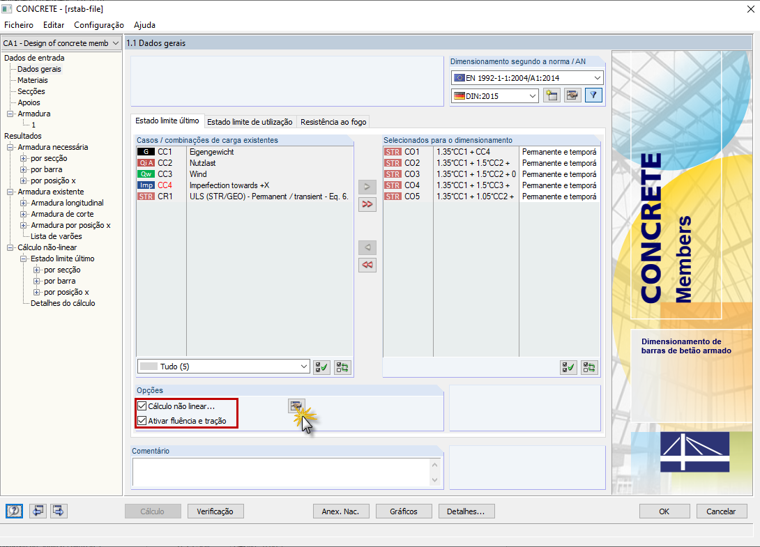 Caixa de diálogo "Dados gerais" no CONCRETE