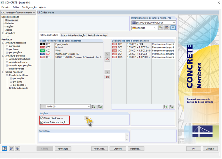 Caixa de diálogo "Dados gerais" no CONCRETE