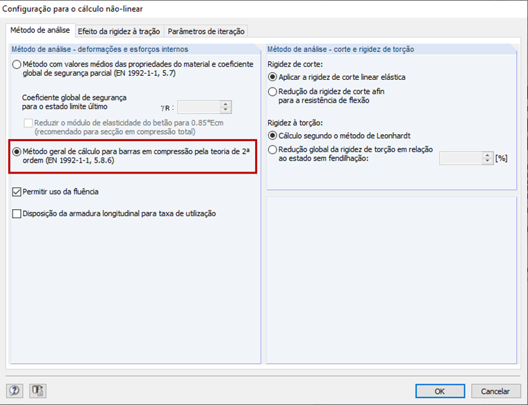Caixa de diálogo "Configuração para o cálculo não linear": Método geral para elementos em compressão