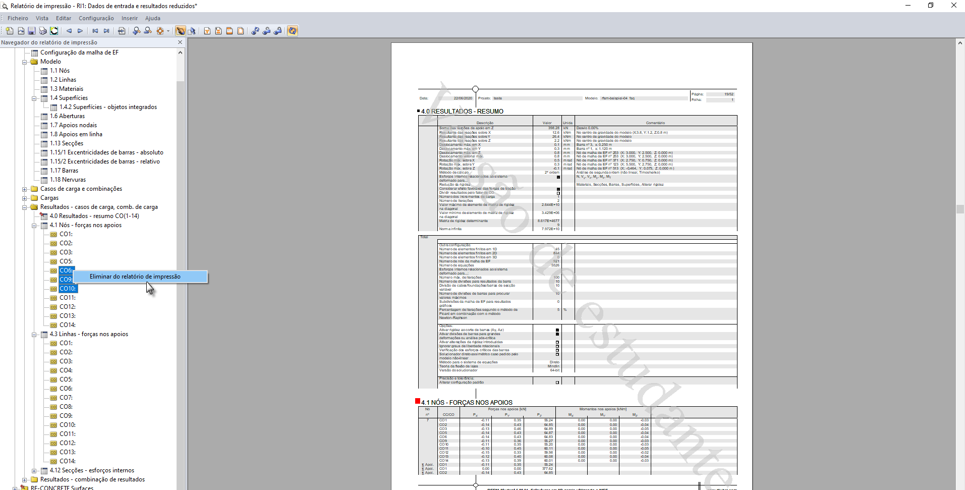Eliminação de resultados de casos de carga individuais do relatório de impressão