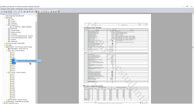 Eliminação de resultados de casos de carga individuais do relatório de impressão
