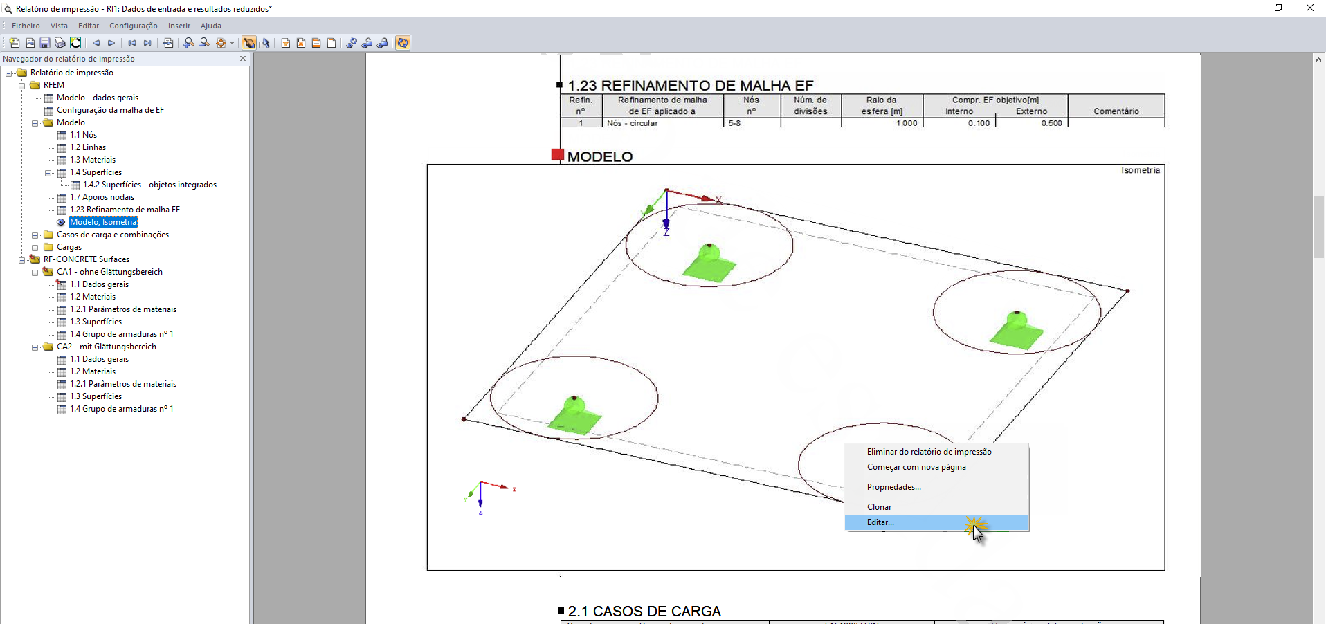 Clicar com o botão direito do rato no relatório de impressão