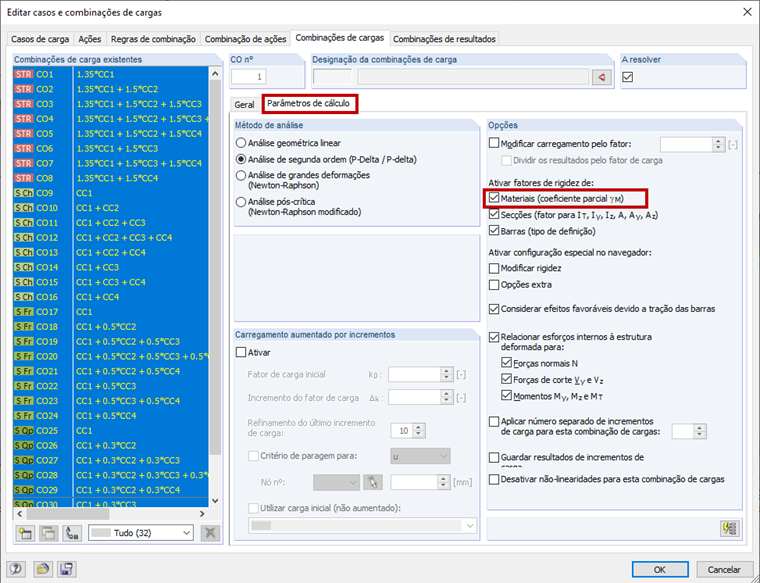 Redução da rigidez devido ao coeficiente parcial de segurança