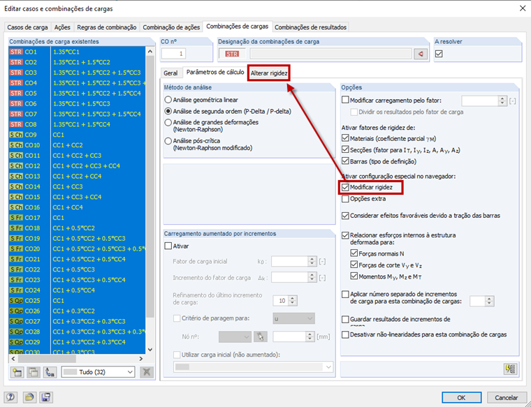 Modificar a rigidez para as combinações de carga