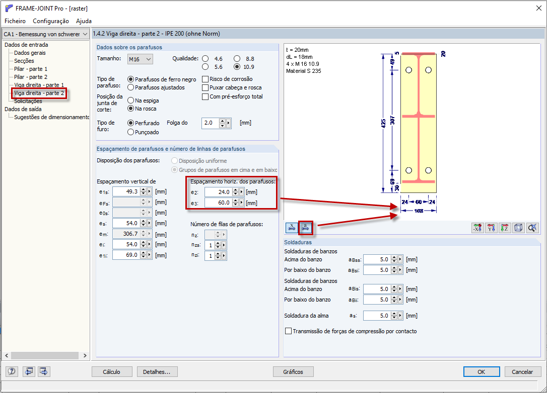 Ajuste dos espaçamentos dos parafusos