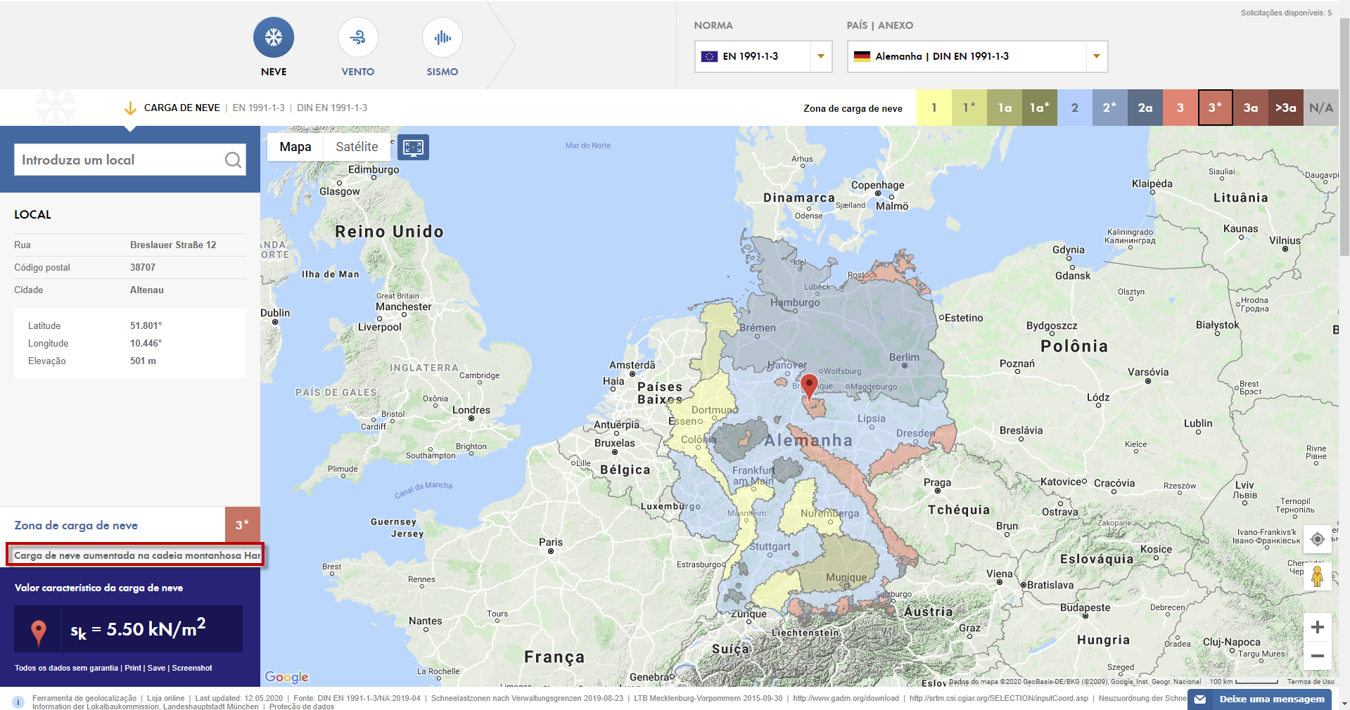 Serviço online da Dlubal: carga de neve