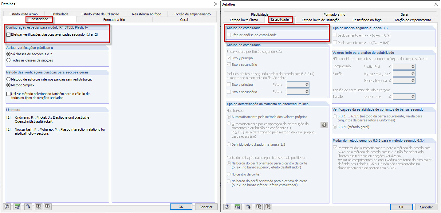 Ativação do RF-/STEEL Plasticity e das verificações de barras equivalentes inativas