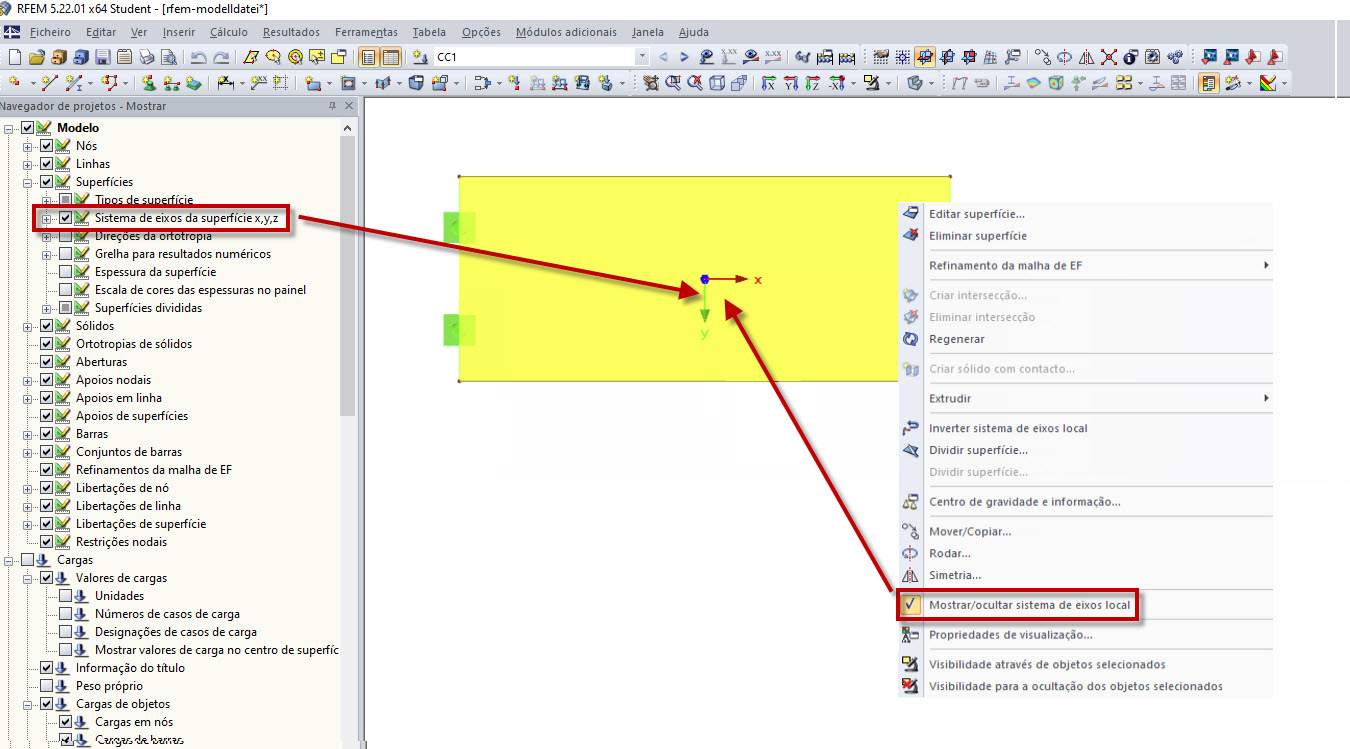 Ativação dos sistemas de eixos locais das superfícies