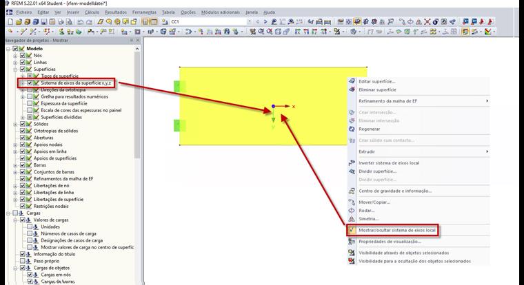 Ativação dos sistemas de eixos locais das superfícies