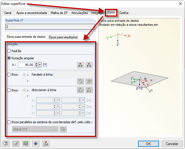 Direção dos sistemas de eixos das superfícies