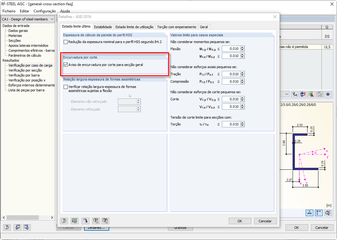 Desativar a verificação de encurvadura por corte