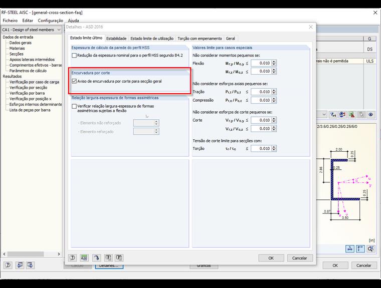 Desativar a verificação de encurvadura por corte