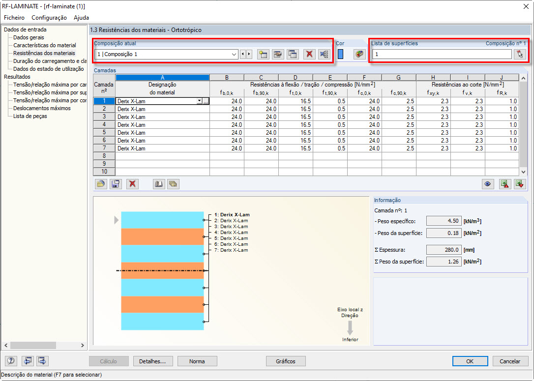 Composição de camadas no RF-LAMINATE atribuídas à superfície n.º 1