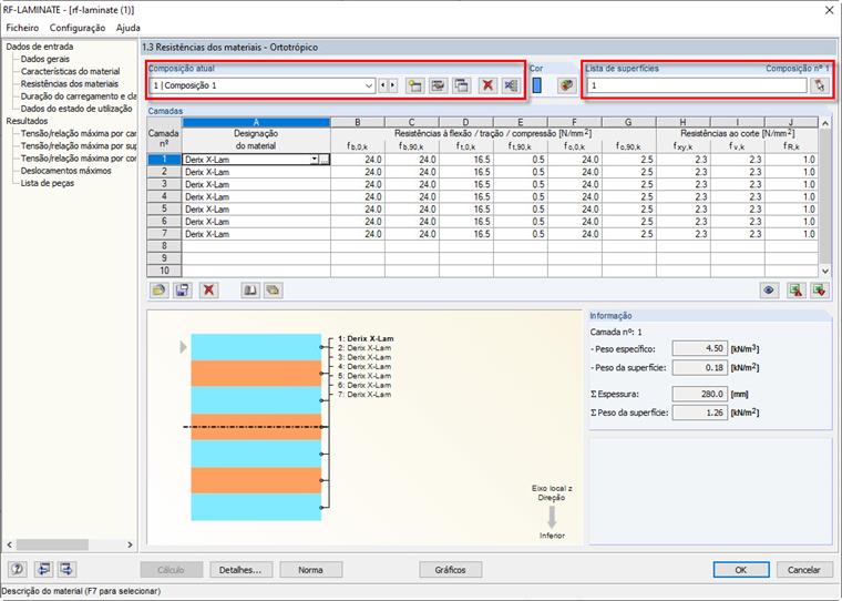Composição de camadas no RF-LAMINATE atribuídas à superfície n.º 1