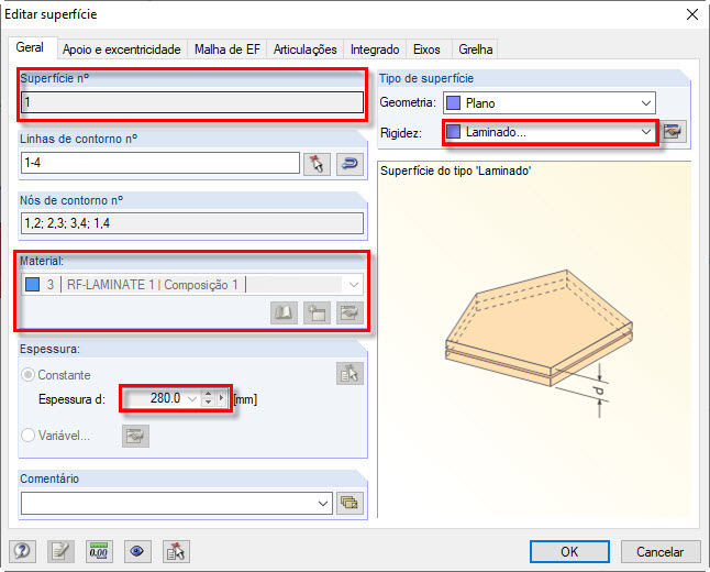 Caixa de diálogo "Editar superfície" da superfície n.º 1 com a rigidez do RF-LAMINATE [*S14647729*]