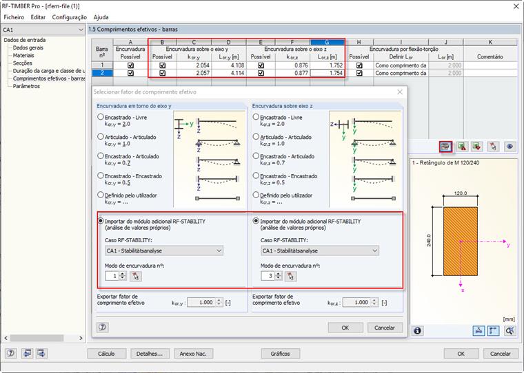 RF-/TIMBER Pro com a caixa de diálogo para importar os comprimentos efetivos determinados