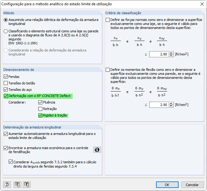 Caixa de diálogo com a configuração para o método analítico do estado limite de utilização