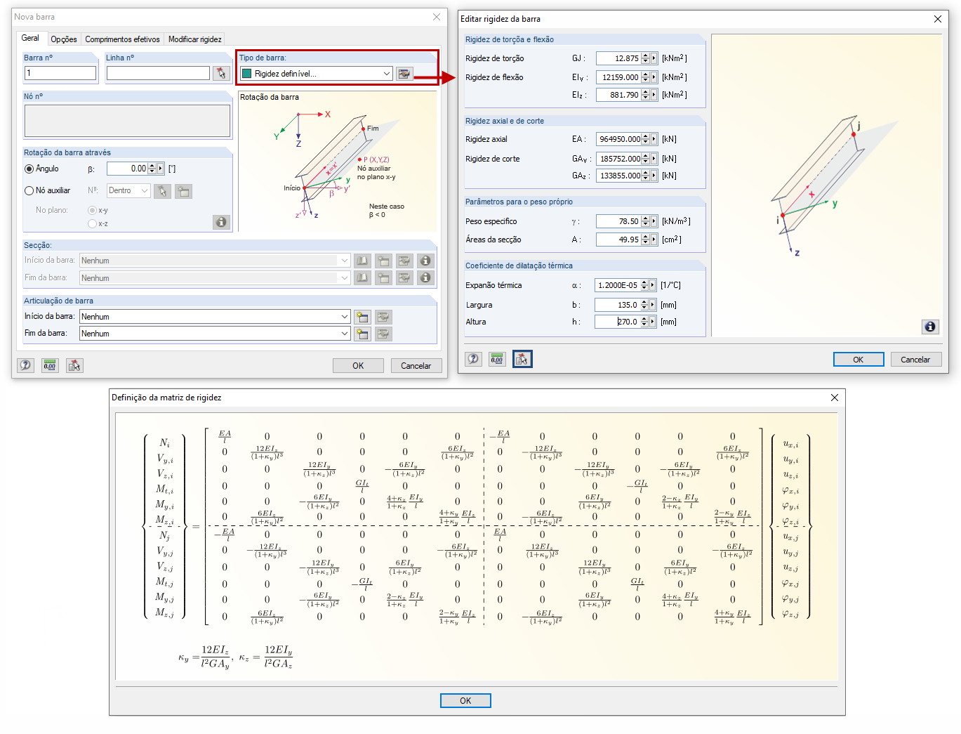 Definição do tipo de barra "Rigidez definível"
