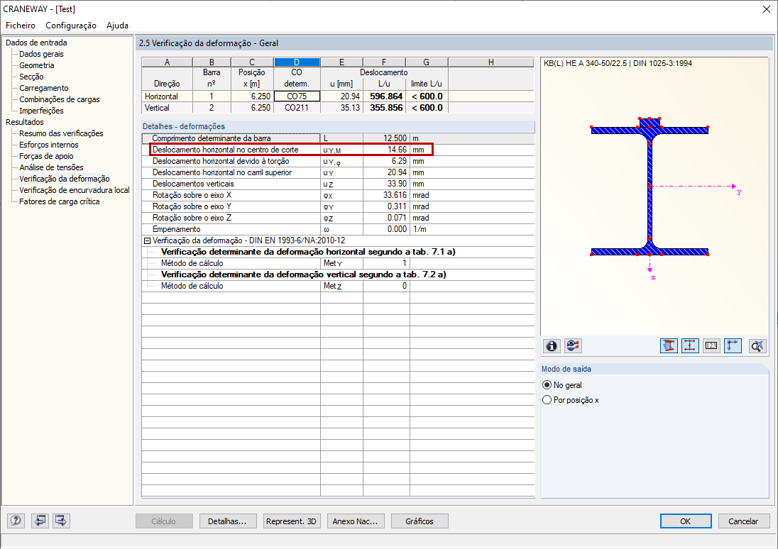 Verificação de deformações no programa CRANEWAY