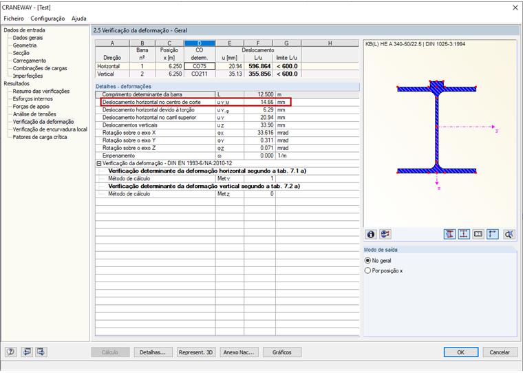 Verificação de deformações no programa CRANEWAY