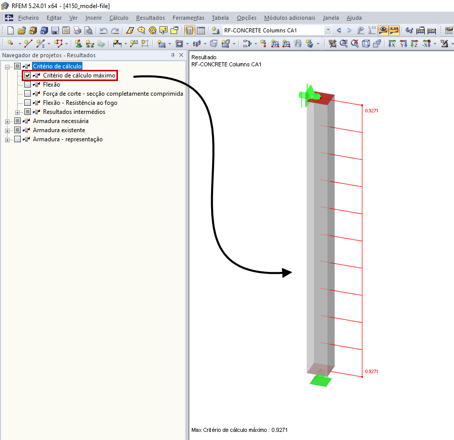 Critério de cálculo máximo de todas as verificações para o elemento estrutural completo