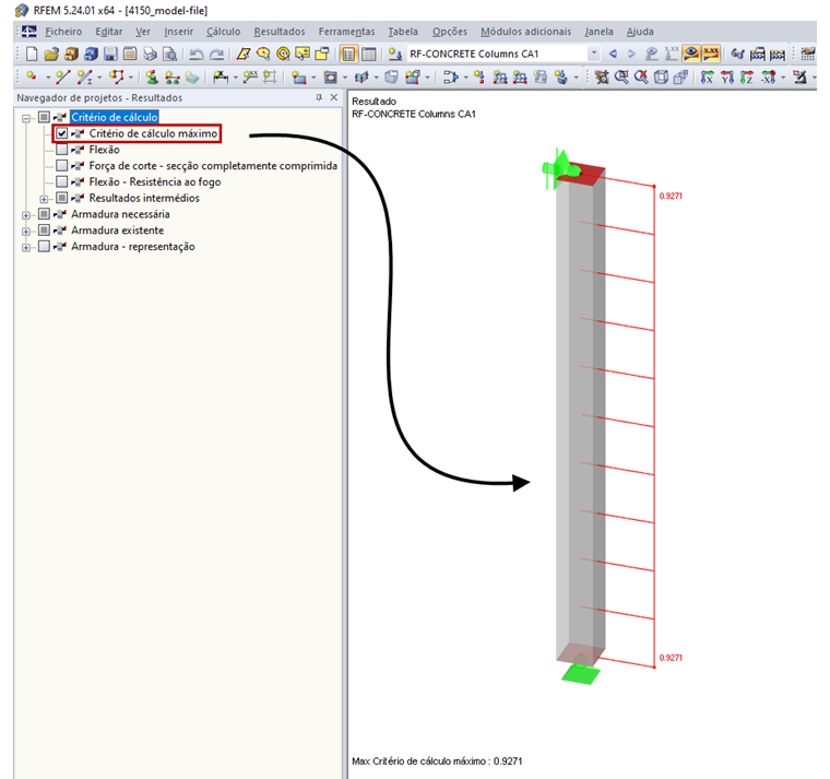 Critério de cálculo máximo de todas as verificações para o elemento estrutural completo