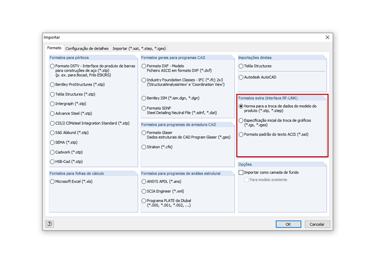 Opções de importação adicionais com o módulo adicional RF-LINK