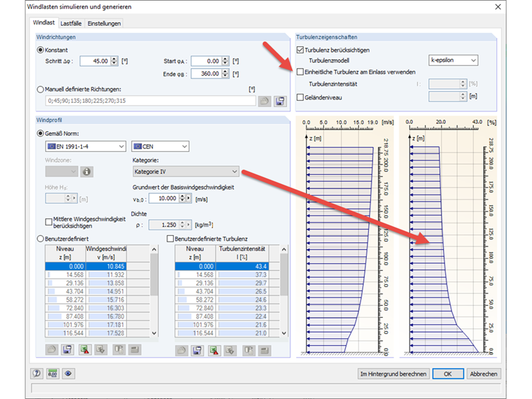 Configuração de turbulência no RFEM ou no RSTAB