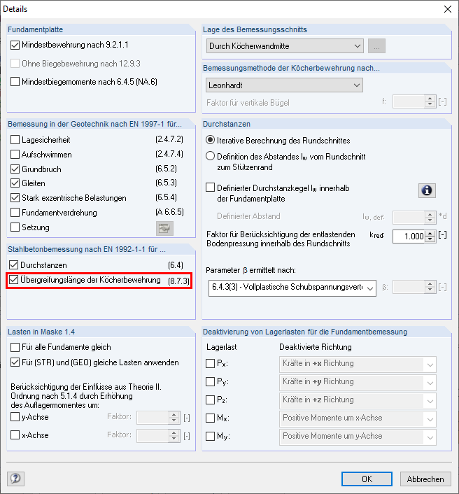Configurações detalhadas para o dimensionamento no RF-/FOUNDATION Pro