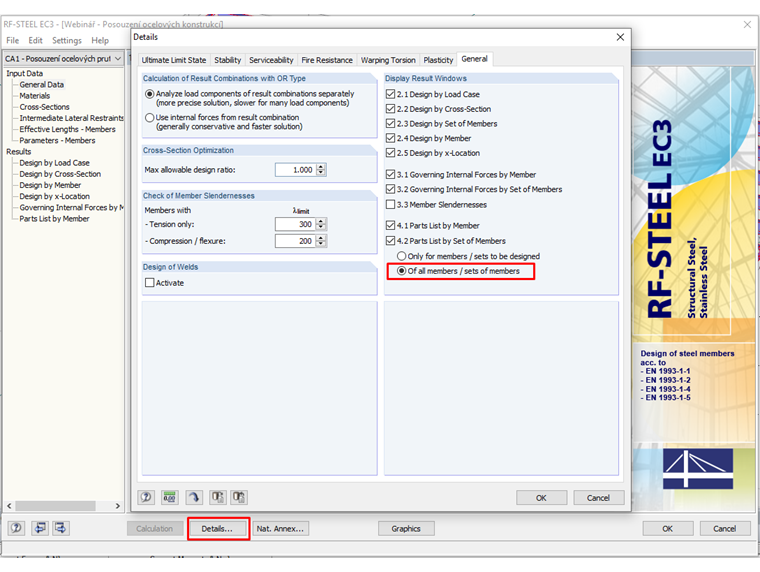 Configurações da lista de peças para todas ou apenas as barras a serem dimensionadas