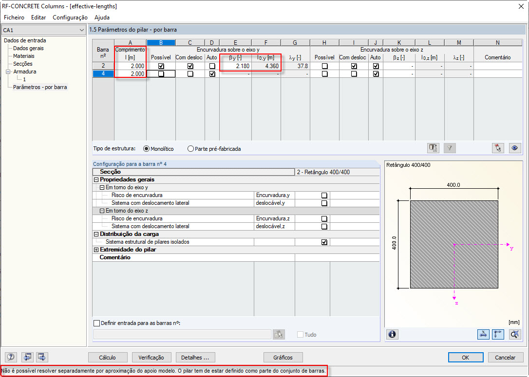 Mensagem de aviso para pilares divididos