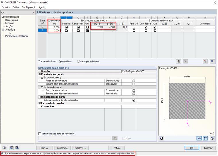 Mensagem de aviso para pilares divididos